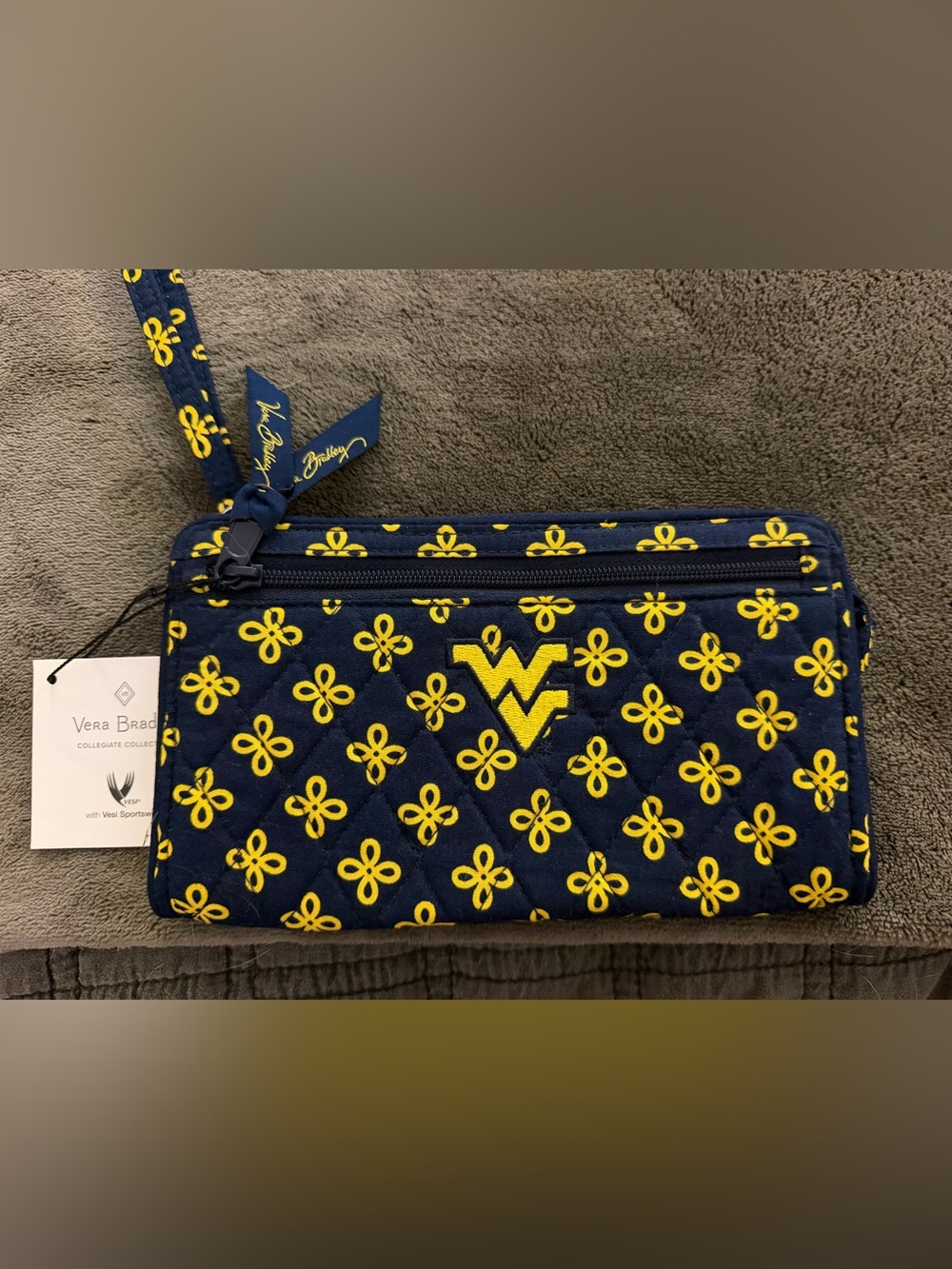 Vera Bradley Navy Quilted Wristlet with Yellow Floral WV Emblem
